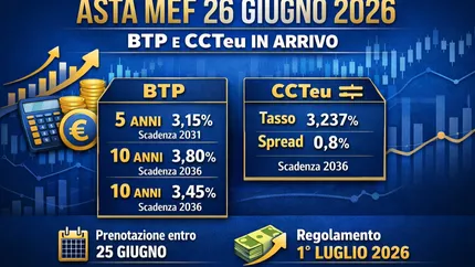 Btp e CCTeu, nuova asta MEF del 26 giugno 2026: rendimenti e calendario completo