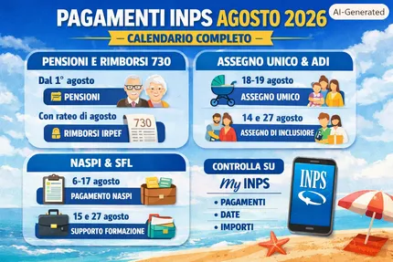 Pagamenti Inps agosto 2026: tutte le date di pensioni, NASpI, Assegno Unico, ADI e SFL